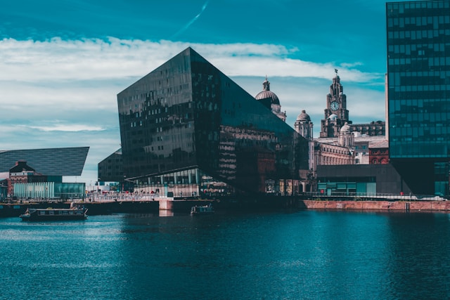 Liverpool waterfront featuring modern architecture and historic buildings including the iconic Liver Building